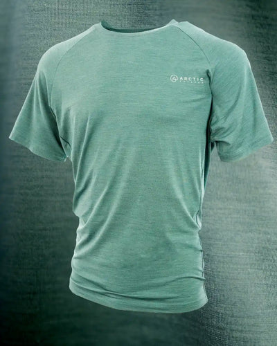 Produktbillede af Blå merinould t-shirt set fra siden