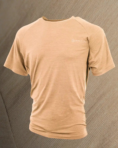 Produktbillede af sand merinould t-shirt set fra siden